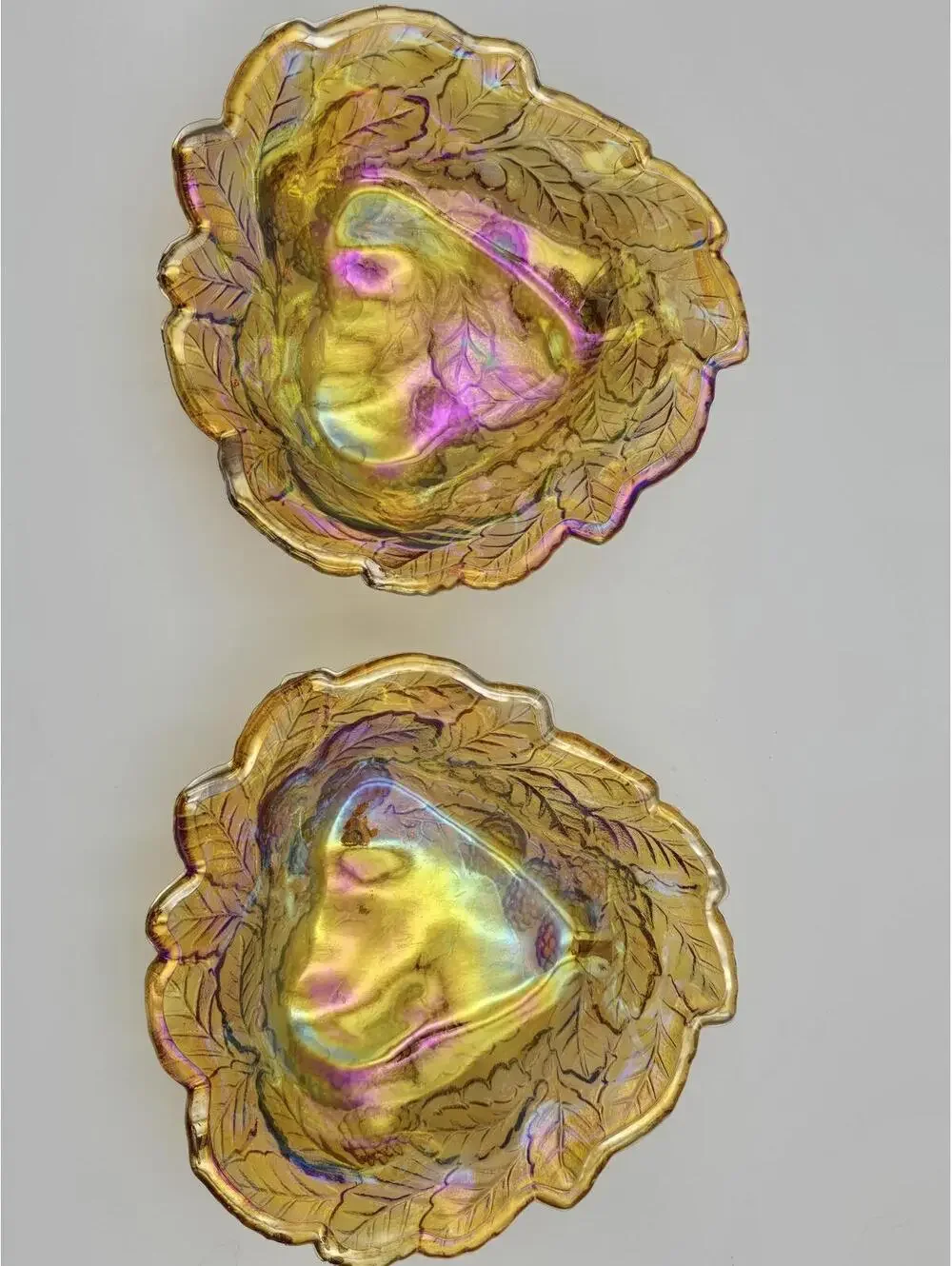 Vintage Indiana Glass Amber Carnival Glass Leaf Bowls Set of 2 1970s